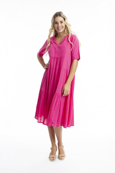 Cotton Layered Midi Dress - Hot Pink