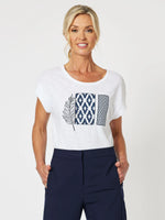 Applique Tee - White/Navy Cotton Drop Shoulder Shirt