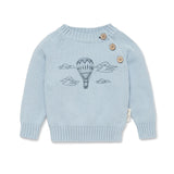 Blue knit jumper for kids with air balloon print