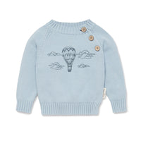 Blue knit jumper for kids with air balloon print