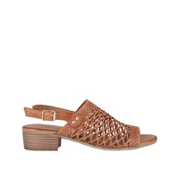 Tan leather sandals for women with low block heel