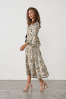 Foil Print Dress w/Tassel Tie - Grey