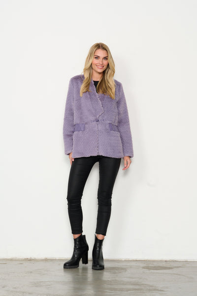 Faux Fur w/PU Pocket Details Jacket - Lilac