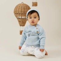 Blue knit jumper for kids with air balloon print