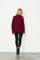 Burgundy turtle neck jumper for women, ribbed knit sweater