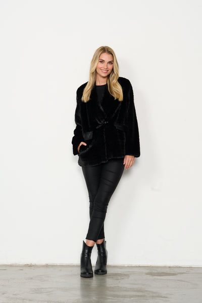 Faux Fur w/PU Pocket Details Jacket - Black