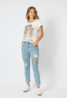 High-rise denim jeans with applique patches for women