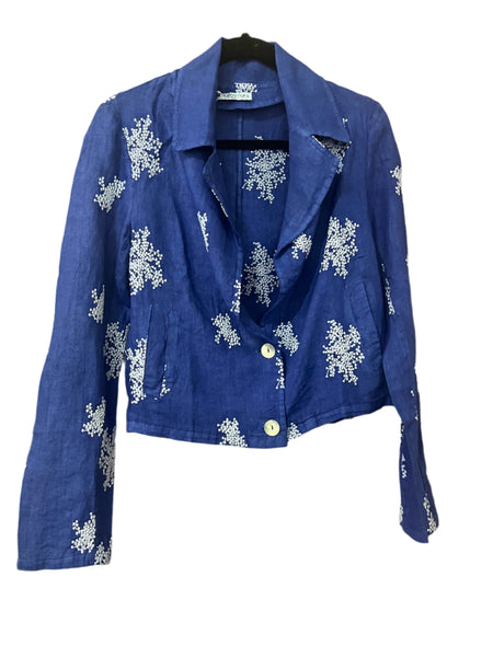 Cropped Embroidered Linen Jacket - Royal