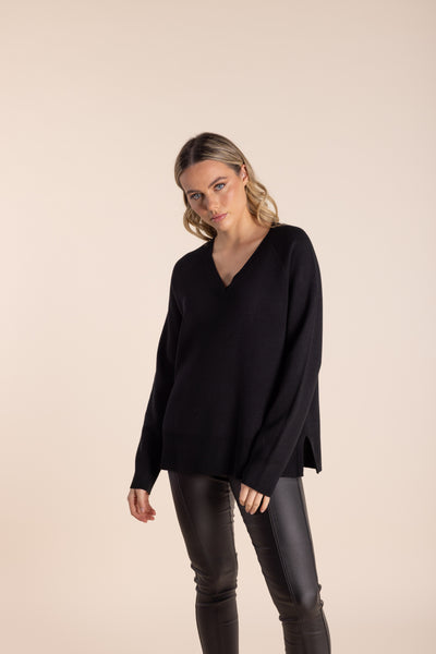 Merino V Neck Knit - Black