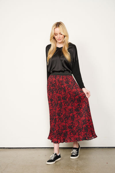 Pleated Print Skirt - Red